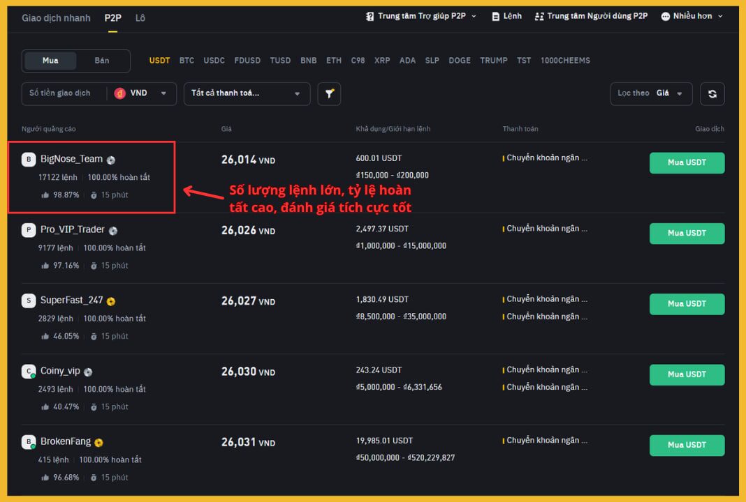 Lựa chọn thương nhân uy tín khi giao dịch P2P