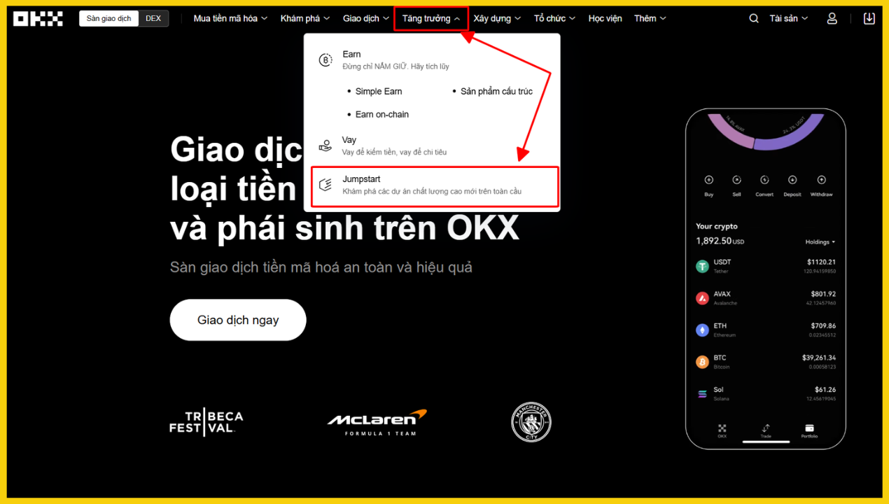Nhấn chọn Jumpstart từ trang chủ sàn OKX