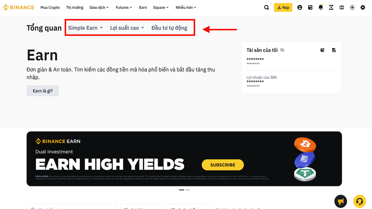 Chọn sản phẩm Binance earn phù hợp để đầu tư