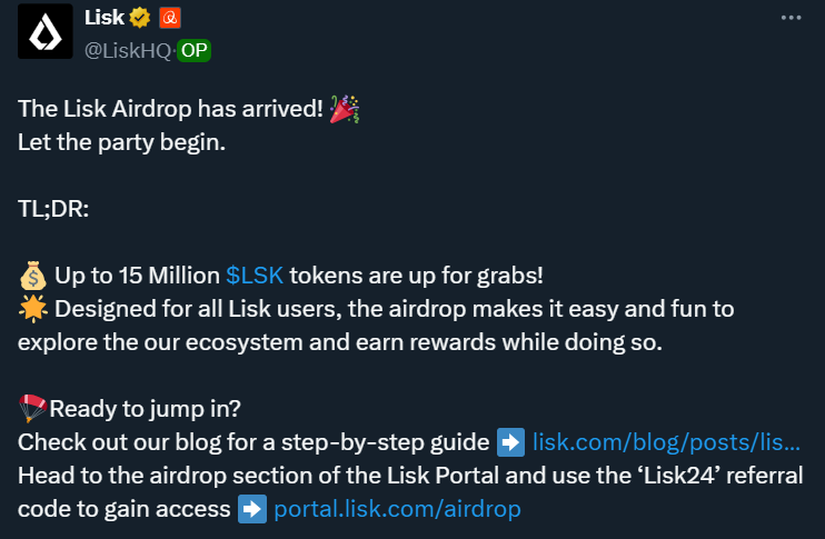 Layer 2 Lisk ra mắt chương trình Airdrop