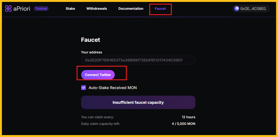 Chuyển sang mục Faucet và kết nối tài khoản X để Faucet MON