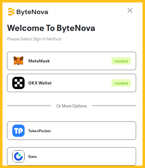 Truy cập website ByteNova và kết nối ví Metamask
